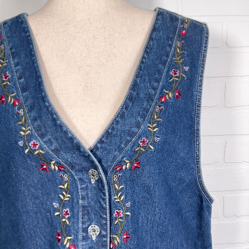 J.L. N.Y. Dress Women L Blue Jumper Floral Embroidery Pockets Casual Retro